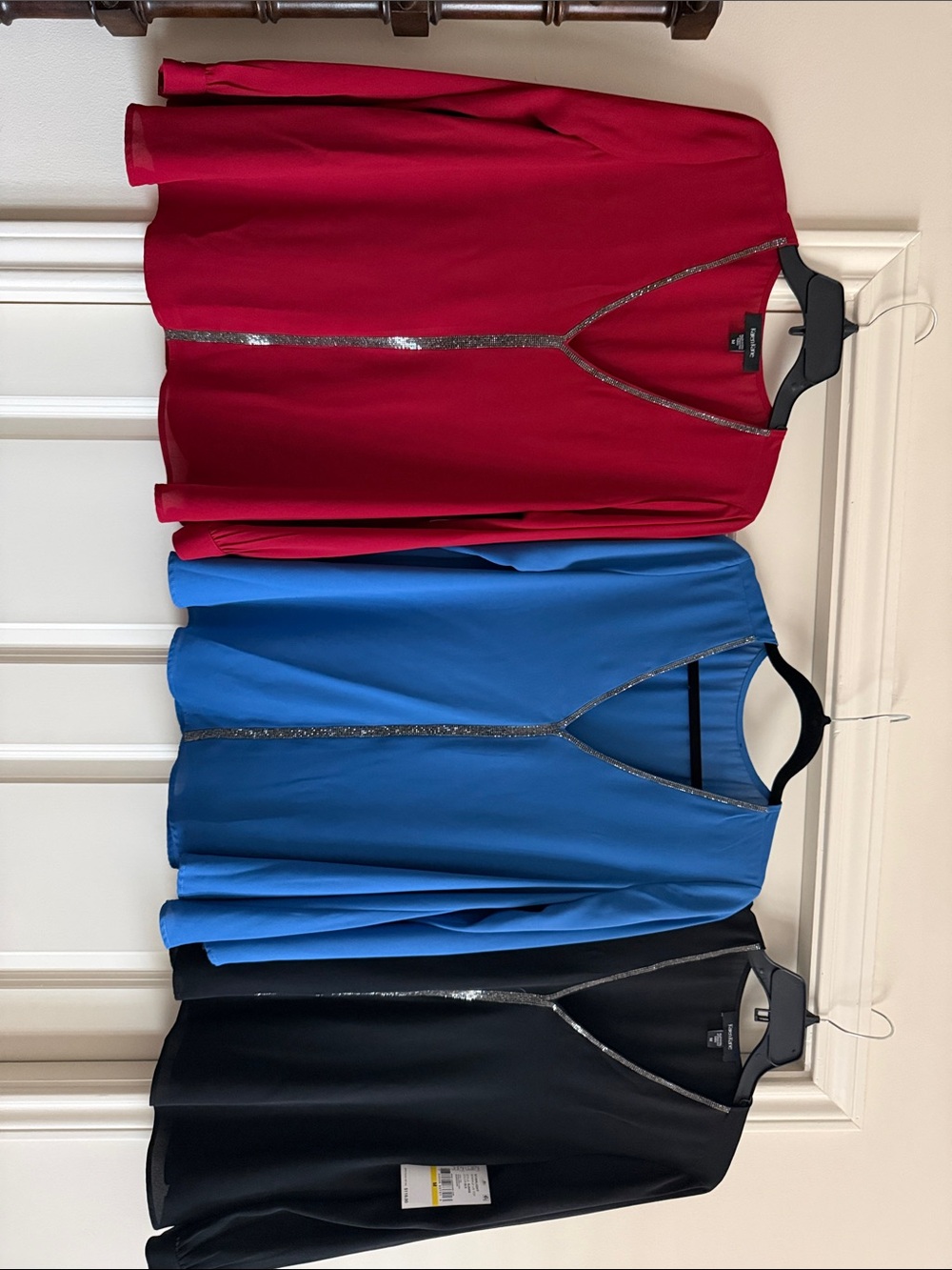 Karen Kane Red, black and blue Sparkle L/S Top size M. All 3 one price